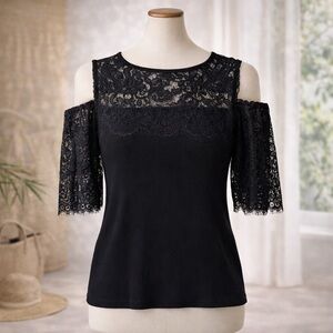 INC International Concepts Black Lace Cold Shoulder Blouse